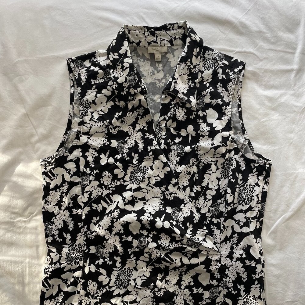 Talbots Black & White Floral Faux Wrap Sleeveless Top